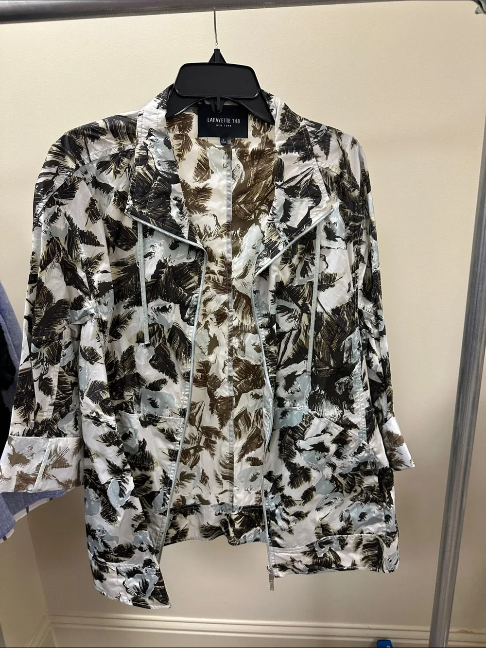 Lafayette 148 New York Feather-Print Utility Jacket in White, Black & Brown